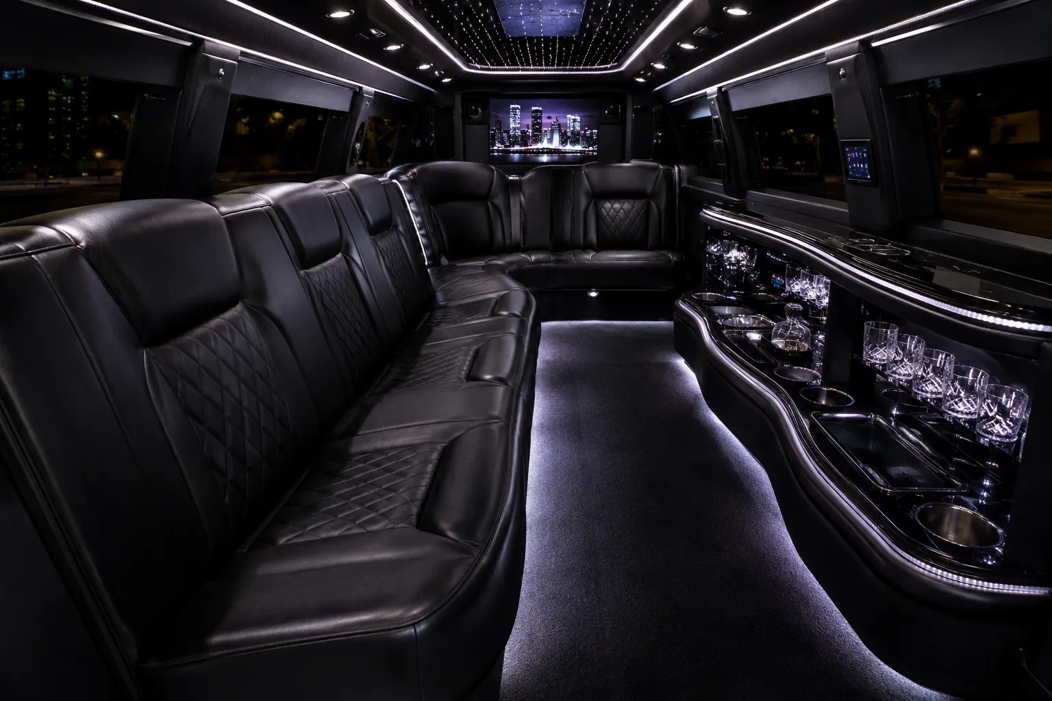 Stretch limousine leather lounge with bar and LED mood lighting